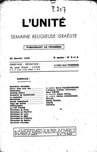 L'Unité : Semaine religieuse israélite. 3ème Année N° 3-4 (25 janvier 1946)